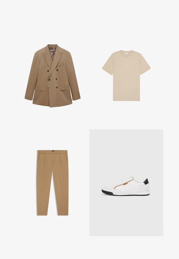 Beige Doppelreiher-Blazer aus strukturiertem Stoff, mit zwei Fronttaschen, Reverskragen und braunen Knöpfen. Leichtes Design.; Beige Baumwoll-T-Shirt mit kurzen Ärmeln und Rundhalsausschnitt. Verfügt über ein kleines, zentriertes Grafikdesign "II" in einem helleren Farbton.; Beige Hosen mit glatter Textur, geradem Schnitt, Fronttaschen und einem Knopfverschluss an der Taille.; Weiße Sportschuhe mit Mesh- und Lederelementen. Ausgestattet mit einem goldenen "BOSS"-Logo, strukturierten Seitenpaneelen und einer schwarzen Fersenkappe. Gummisohle.