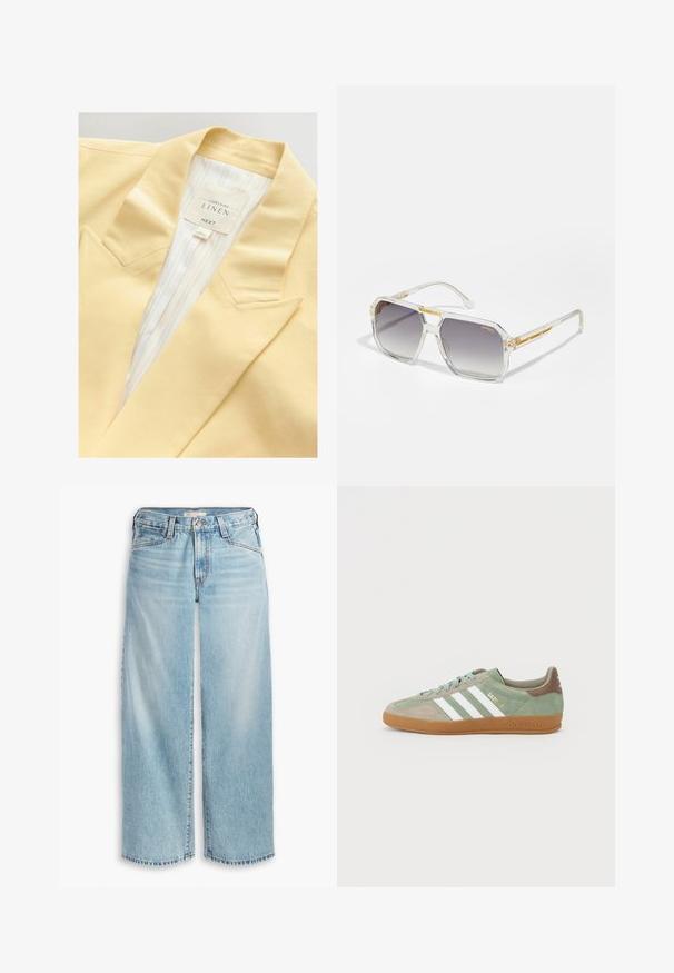 Gelber Leinenblazer mit einem geschlitzten Revers und gestreifter Innenauskleidung. Das Etikett gibt die Materialzusammensetzung und die Marke an.; Helles beige ärmelloses Top aus geripptem Stoff, mit einem runden Halsausschnitt und einer Knopfdetailleiste vorne. Sanfte Textur und figurbetonter Schnitt.; Hellblaue, weit geschnittene Jeans aus Denim mit hoher Taille, Knopfverschluss und ausgefranstem Saum. Sichtbare Nähte und Taschen.; Grüne Wildledersneaker mit drei weißen Streifen, Gummigummisohle und goldener "Gazelle"-Schriftzug an der Seite. Texturierte Einsätze und Schnürsenkel.; Carrera VICTORY UNISEX - Sonnenbrille - transparent; Goldfarbene Handtasche mit einem glatten Ledertrageriemen, ausgestattet mit einem Reißverschluss und einem dezenten Logo-Muster, das auf der Oberfläche aufgedruckt ist.