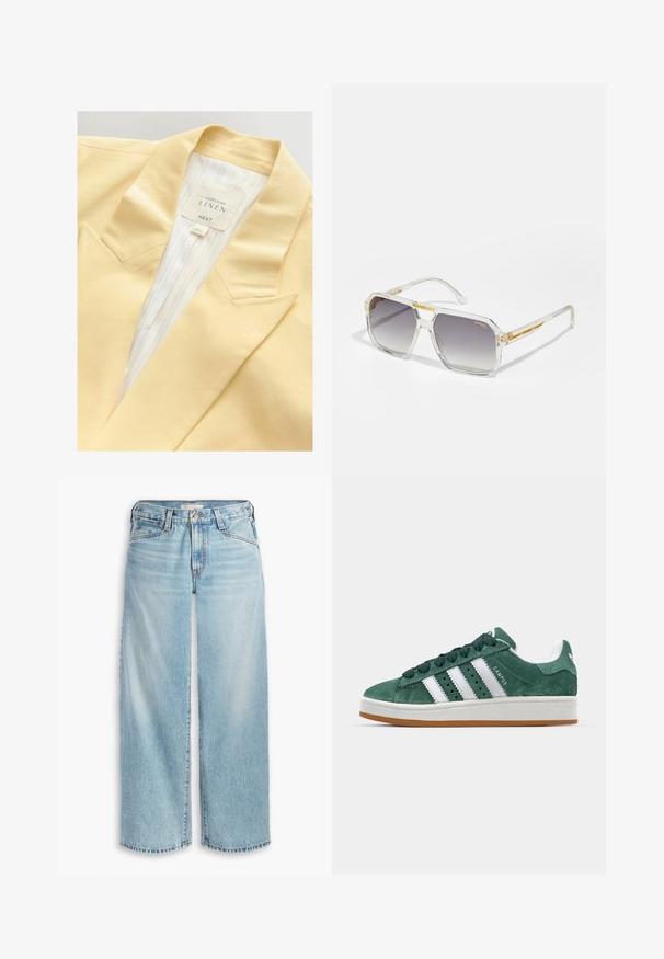 Gelber Leinenblazer mit einem geschlitzten Revers und gestreifter Innenauskleidung. Das Etikett gibt die Materialzusammensetzung und die Marke an.; Helles beige ärmelloses Top aus geripptem Stoff, mit einem runden Halsausschnitt und einer Knopfdetailleiste vorne. Sanfte Textur und figurbetonter Schnitt.; Hellblaue, weit geschnittene Jeans aus Denim mit hoher Taille, Knopfverschluss und ausgefranstem Saum. Sichtbare Nähte und Taschen.; Grüne Wildleder-Sneaker mit weißen Lederstreifen, Gummisohle, gepolsterter Kragen und minimalistischem Design. Mit Branding an der Seite.; Carrera VICTORY UNISEX - Sonnenbrille - transparent; Goldfarbene Handtasche mit einem glatten Ledertrageriemen, ausgestattet mit einem Reißverschluss und einem dezenten Logo-Muster, das auf der Oberfläche aufgedruckt ist.