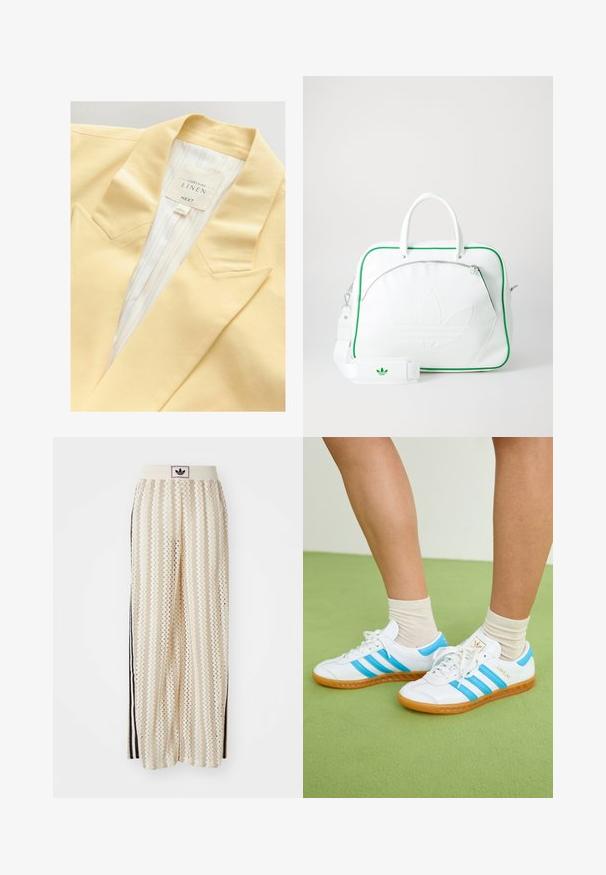 Žuti laneni sako s reverima i prugastim unutarnjim postavom. Na oznaci se nalaze informacije o sastavu materijala i brendu.; Bijela pamučna majica kratkih rukava s okruglim izrezom. Ima crni Adidas logo na prsima i kontrastnu crnu unutrašnju ovratniku.; Pantalone širokog kroja krem boje s zigzag uzorkom, koji sadrži sivi pojas s crnim logotipom i bočne crne pruge. Lagani, teksturirani materijal.; Bijele tenisice s svijetloplavim prugama, gumeni potplat i dizajn s vezanjem. Imaju zlatni brend i glatku teksturu koja podsjeća na kožu.; Bijela kožna torba s zelenim detaljima, koja se ističe istaknutim reljefnim logotipom, dvostrukim ručkama, odvojivim remenom i prednjim džepom na zipper.