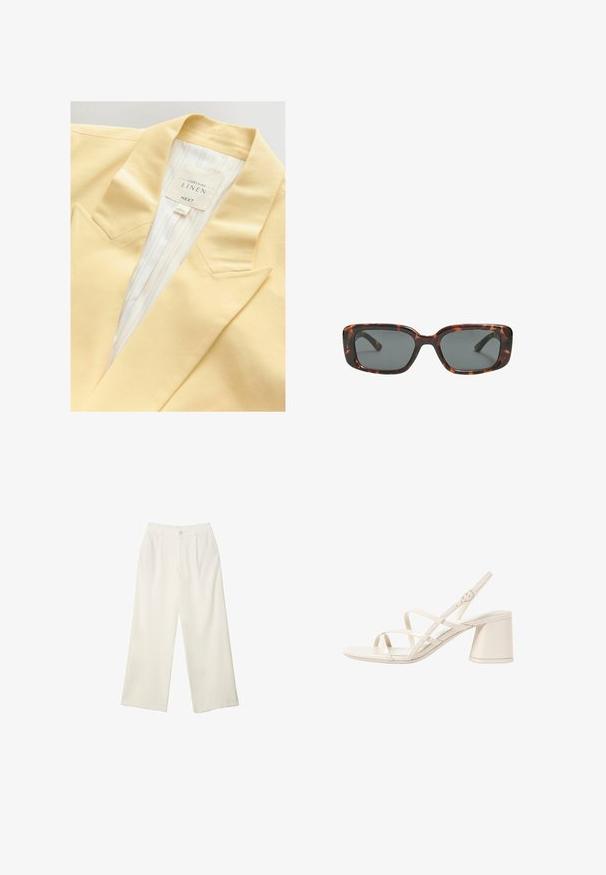 Blazer en lin jaune avec un col cranté et une doublure intérieure rayée. L'étiquette indique la composition du matériau et la marque.; Un body blanc avec un encolure carrée, sans manches, texture lisse et fermeture à pression au bas. Style simple et minimaliste.; Pantalons à jambes larges en tissu crème avec une texture lisse, dotés d'un seul bouton à l'avant, de plis subtils et d'un design taille haute.; Sandales à talons beiges avec des fines brides entrecroisées, bout ouvert et un talon carré. Fini en vernis lisse, bride de cheville réglable.; Lunettes de soleil en écaille de tortue avec des verres rectangulaires, monture épaisse et verres teintés foncés. Texture lisse et design minimaliste.