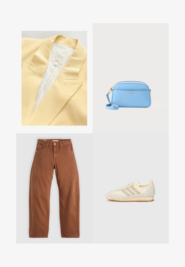 Gul linned blazer med notched klap og stribet indvendig foring. Etiket angiver materiale sammensætning og brand.; Beskåret hvid t-shirt med marineblåt halsudskæring, der har "MICHAEL KORS" trykt i marineblå. Lavet af blødt bomuld med korte ærmer.; Rustbrune straight-leg jeans med for- og baglommer, metalnitter, knaplukning og bæltestropper, lagt fladt på en hvid baggrund.; Creme atletisk sneakers med tre beige striber, lavet af ruskind og tekstilmaterialer, en struktureret sål og prægede mærker på hælen.; Lyseblå læder crossbody-taske med hardware i guld tone, lynlås lukning og en frontlomme. Har en justerbar rem for bekvemmelighed.