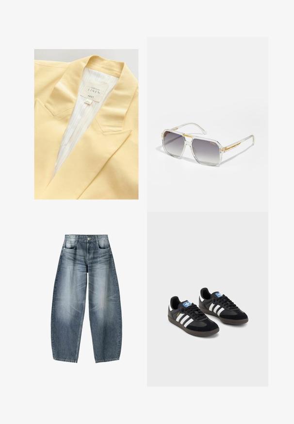 Blazer giallo in lino con revers a punta e foderato a righe. L'etichetta indica la composizione del materiale e il marchio.; Canotta bianca, texture a coste, scollatura rotonda, design senza maniche, forma aderente, branding sottile sull'etichetta all'interno dell'area del colletto.; Jeans a gamba larga in denim azzurro chiaro con sfumature, dotati di design a cinque tasche, chiusura con bottone e dettagli di cucitura minimal.; Sneakers neri con tomaia in suede e materiale sintetico, caratterizzati da tre strisce bianche, suola in gomma testurizzata e etichetta blu sul linguetta.; Carrera VICTORY UNISEX - Occhiali da sole - transparent; Borsa con texture dorata, dotata di una tracolla in pelle liscia, con chiusura a zip e un motivo logo sottile stampato sulla superficie.