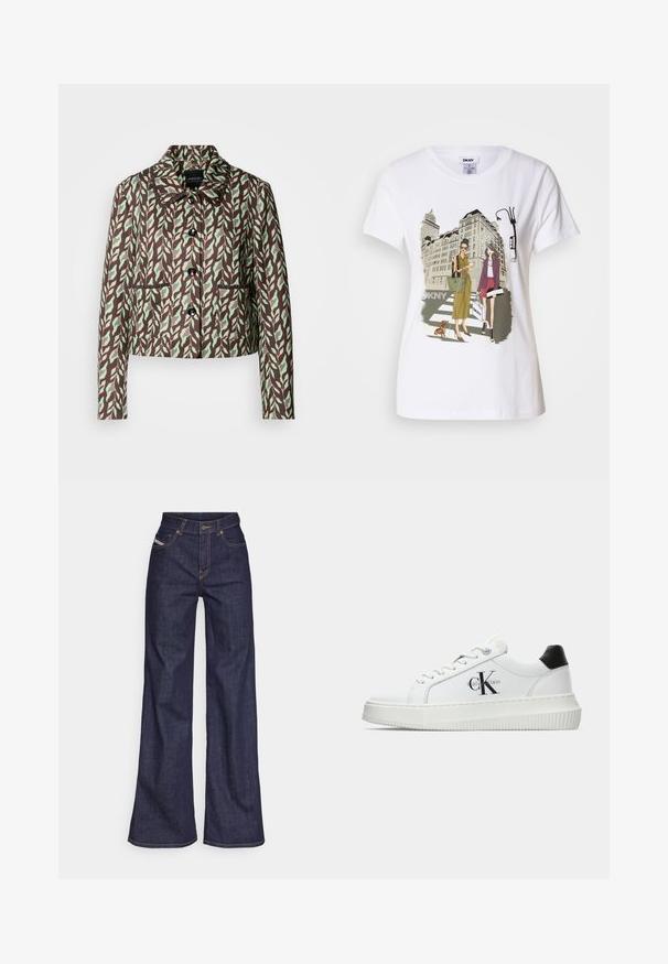 Marc Cain Blejzr - dark wood; Bílý bavlněný tričko s potiskem, který zobrazuje dvě ženy v městských módních stylech se psem na přechodu a městskými budovami.; Tmavě modré džíny s širokým střihem vyrobené z denimové tkaniny, s vysokým pasem, oranžovým prošíváním, pěti kapsami a zapínáním na knoflík.; Bílé nízké tenisky s černým patním tabem, platformovou podrážkou, tkaničkami a logem Calvin Klein "CK" na boku.