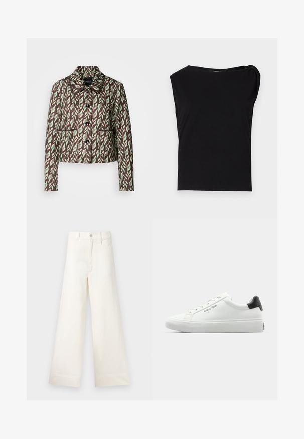 Marc Cain Blazer - dark wood; Schwarzes kurzärmliges Oberteil aus glattem Stoff. Mit rundem Kragen und drapiertem Detail an der Schulter. Einfaches, figurbetontes Design.; Weite Hosen aus hellem beigen Baumwollstoff. Mit hoher Taille, vorderen Taschen und geradem Schnitt. Saubere Saumverarbeitung ohne Muster.; Weißer Sneaker mit glatter Oberfläche, schwarzem Absatz und Schnürdesign. Mit "Calvin Klein"-Branding an der Seite. Minimalistischer Stil.
