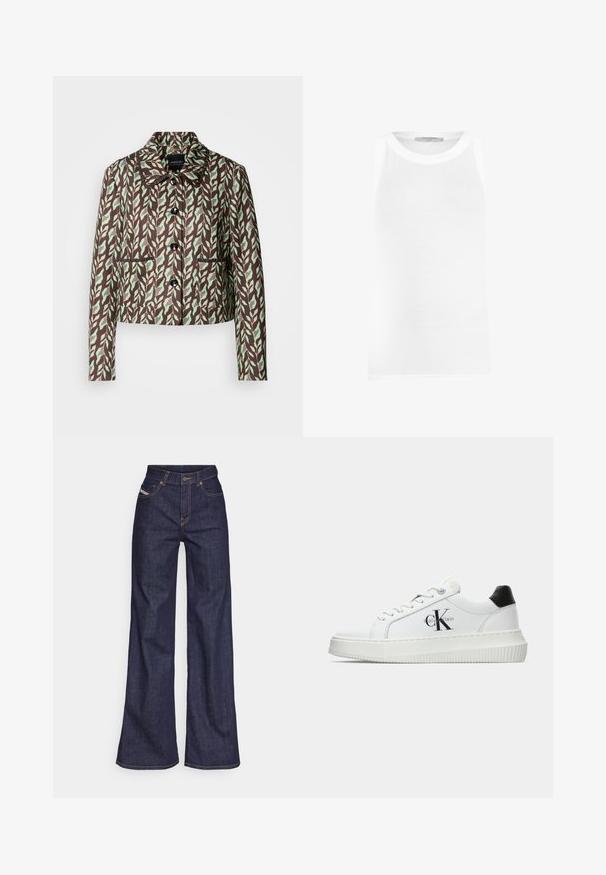 Marc Cain Bleiser - dark wood; Valge ilma varrukateta top, mis on valmistatud ribakudumist, ringikujulise kaelusega ja sujuvate servadega mugava istuvuse jaoks.; Tumedates sinised laiad teksad denimpesus, kõrge vöökohaga, mis on varustatud oranžide õmblustega, viie-taskulise disaini ja nööbiga kinnitusega.; Valge madalate sokkidega jooksutoss, millel on must konts, platvormi tallad, paelad ja Calvin Kleini "CK" logo küljel.