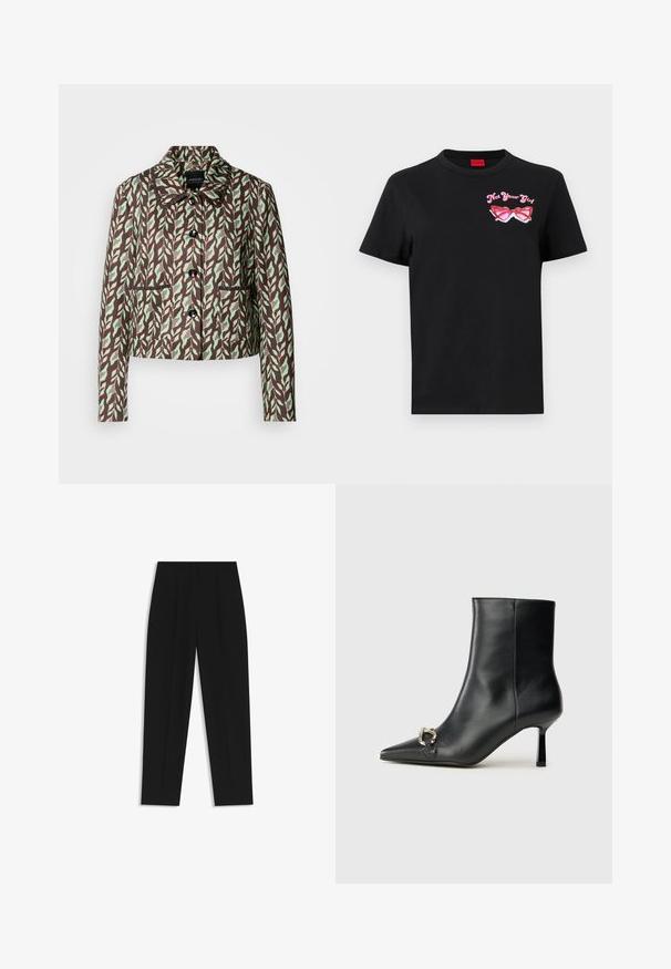 Marc Cain Blazer - dark wood; Schwarzes Baumwoll-T-Shirt mit kurzen Ärmeln, das auf der linken Brustseite eine pinkfarbene Grafik von Sonnenbrillen und den Text "Not Your Girl" zeigt.; Schwarze Hose mit geradem Schnitt, doppelten Falten, einer glatten Textur und einem klassischen Bunddesign. Keine sichtbaren Beschläge oder Akzente.; Schwarze Leder-Stiefelette mit spitzer Zehe, schlankem, mittelhohem Absatz und silberner Schnalle seitlich vor einem schlichten Hintergrund.