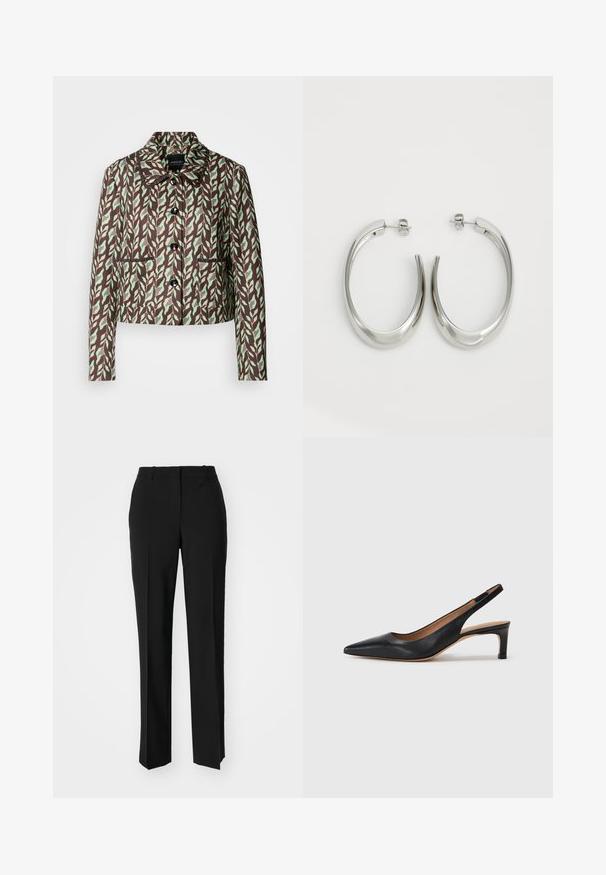 Marc Cain Blazer - dark wood; T-shirt bianca cropped, maniche corte e larghe, tessuto di cotone morbido, scollatura rotonda con bordino arancione sottile, design minimale, senza motivi o grafiche.; Pantaloni neri su misura con un design a gamba dritta, caratterizzati da una texture liscia e pieghe ben definite sul davanti. Senza hardware visibile.; Pump slingback in pelle nera con punta appuntita, tacco basso e texture liscia. Presenta una sottile cinghia regolabile per una vestibilità sicura.; Orecchini a cerchio argentati con un design liscio e curvo. Presentano una finitura metallica lucida e una chiusura a perno. Nessun motivo o accentuazione visibile.