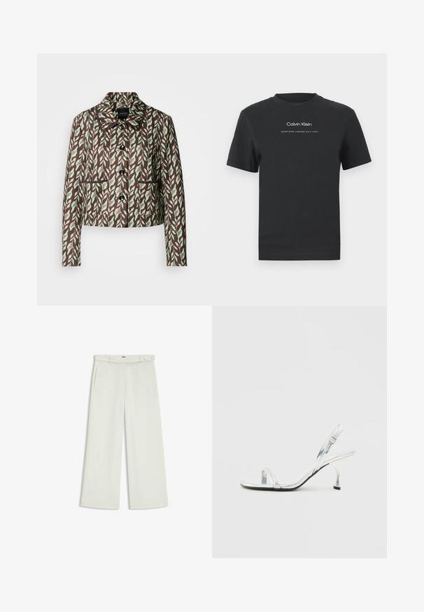 Marc Cain Blazer - dark wood; Black cotton T-shirt with a crew neckline, short sleeves, and white printed "Calvin Klein" logo and "Established 1968" text.; Wide-leg pants in light cream fabric, featuring side pockets, a flat front, and a single button closure at the waist. Smooth texture.; Silver patent leather slingback high heel sandal with a narrow toe strap, adjustable buckle, and a slender heel.