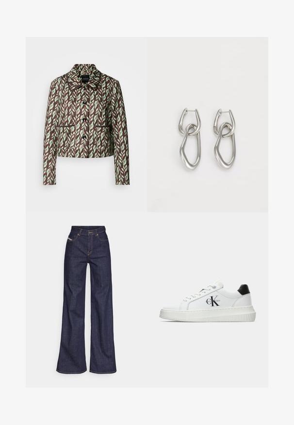 Marc Cain Sacou - dark wood; Tricou alb cu mânecă scurtă, fabricat din bumbac. Are un decolteu rotund și o textură fină, cu cusături minime vizibile la tiv.; Blugi taille mare, de culoare albastru închis, din material denim, cu croială largă, cu cusături portocalii, design cu cinci buzunare și închidere cu nasture.; Adidași albi cu glezna joasă, cu tab-ul de călcâi negru, talpă platformă, șireturi și logo-ul "CK" de la Calvin Klein pe lateral.; Calvin Klein STATEMENT LINKS - Cercei - silver-coloured