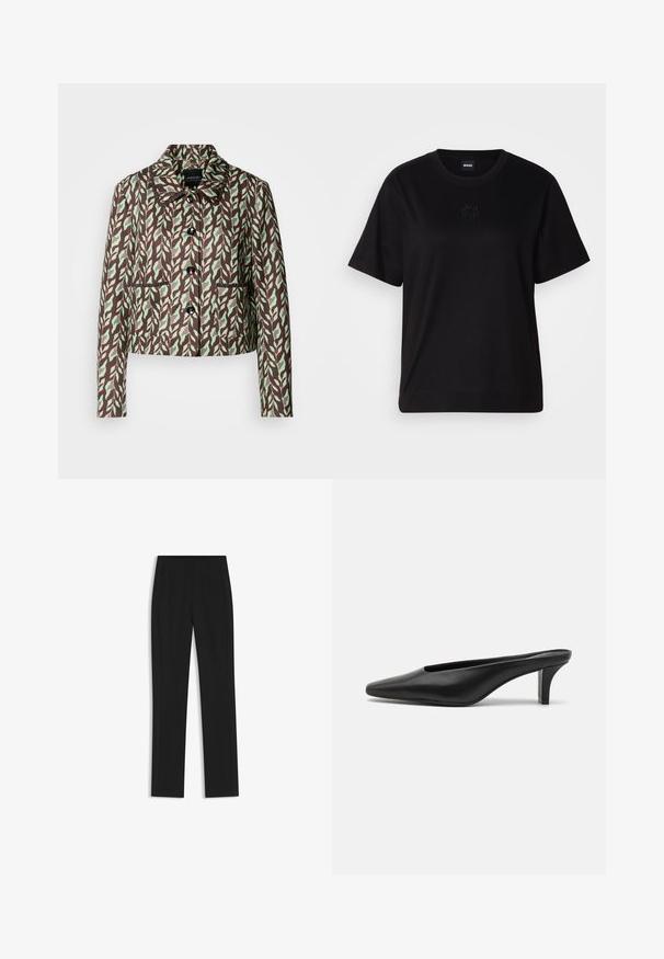 Marc Cain Blazer - dark wood; Schwarzes Baumwoll-T-Shirt mit Rundhalsausschnitt, kurzen Ärmeln und aufgesticktem Logo auf der Brust. Einfacher, lässiger Schnitt ohne Muster.; Schwarze maßgeschneiderte Hose mit geradem Bein, ausgestattet mit Fronttaschen und einem glatten, strukturierten Stoff. Saubere, minimale Details.; Schwarze Leder-Pantoletten mit spitzer Zehenform und niedrigem Stiletto-Absatz. Glatte Textur, minimalistisches Design und offener Rücken für einfachen Einstieg.