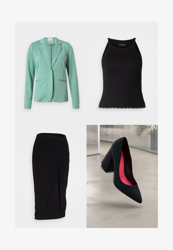 Müntzroheline žakett, millel on üks nööp, nurgelised kraed, kaks esimist taskut ja sile tekstuur. Brändi silt on nähtav krae sees.; Must mustriba top musta servadega äärega. Omab peeneid rihmu ja istuvat disaini. Valmistatud venivast kangast.; Mustast, rikutud pliiatsiseelik sidumisdetailiga ja küljes lahtise lõhenemisega. Valmistatud venivast kangast, millel on sile tekstuur ja keha lähedane lõige.; Mustad must kõrged kontsad, terava ninaga, tekstuurse pinnaga ning erksa roosa sisemusega. Omab paksu kontsa koos hõbedase aktsendiga.