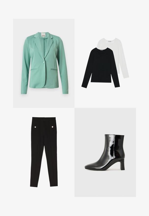Menta zöld blézer egy gombos zárással, recés hajtókákkal, két elülső zsebbel és sima textúrával. A márkajelzés látható a gallér belső részén.; Két hosszú ujjú felső, az egyik fekete, a másik fehér, mindkettő négyzet alakú nyakkivágással rendelkezik, és puha, rugalmas anyagból készült.; Fekete, szabott nadrág sima felülettel, elülső zsebekkel díszítő hardware részletekkel, slim-fit kialakítással.; Fekete lakk bőrcipő bokáig érő, hegyes orral és közepes magasságú tömbsarokkal. Simább textúrával és minimalista dizájnnal rendelkezik.