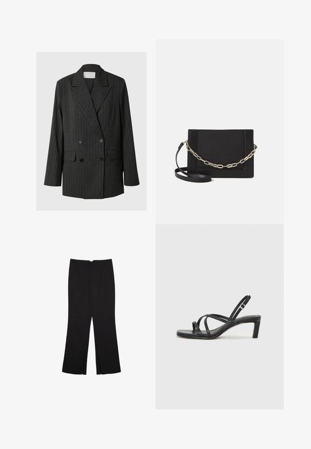 Ciemnoszary dwurzędowy żakiet w jasnoszare paski, teksturowany materiał, z klapami, dwiema przednimi kieszeniami i czarnymi guzikami.; Czarny top na ramionczkach wykonany z bawełny, z okrągłym dekoltem i szerokimi wycięciami na ramionach. Gładka tekstura z przeszytymi brzegami. Klasyczny, minimalistyczny design.; Czarne spodnie o prostym kroju, z przednimi kieszeniami i bocznymi rozcięciami na dole. Wykonane z miękkiego, gładkiego materiału. Odpowiednie na różne okazje.; Czarne sandały na obcasie z prostokątnym noskiem i niskim słupkowym obcasem. Posiadają wiele cienkich pasków i regulowany pasek na kostkę. Wykonane z gładkiej skóry.; Czarna skórzana torebka typu crossbody z gładką teksturą, prostokątnym kształtem oraz metalowym detalem w postaci łańcuszka z przodu. W zestawie regulowany pasek.