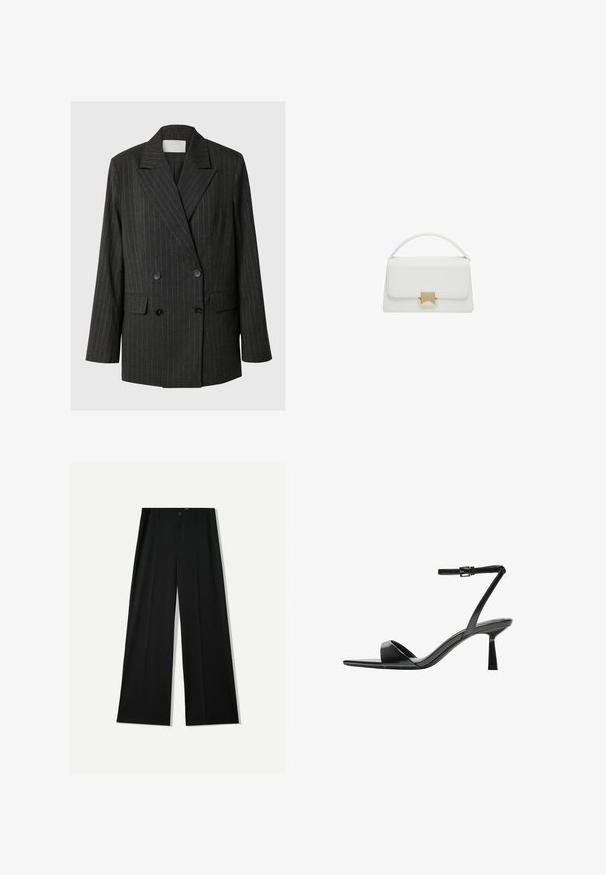 Blazer double boutonnage gris foncé avec des rayures fines gris clair, en tissu texturé, col cranté, deux poches avant et boutons noirs.; Débardeur noir en coton, avec un col rond et des emmanchures larges. Texture lisse avec des ourlets cousus. Design classique et minimaliste.; Bershka WIDE - Pantalon classique - black; Bershka Sandales à talons hauts - black; Sac à main en cuir blanc au design structuré, avec une anse supérieure et un fermoir en ton doré. Texture lisse et accents minimalistes.