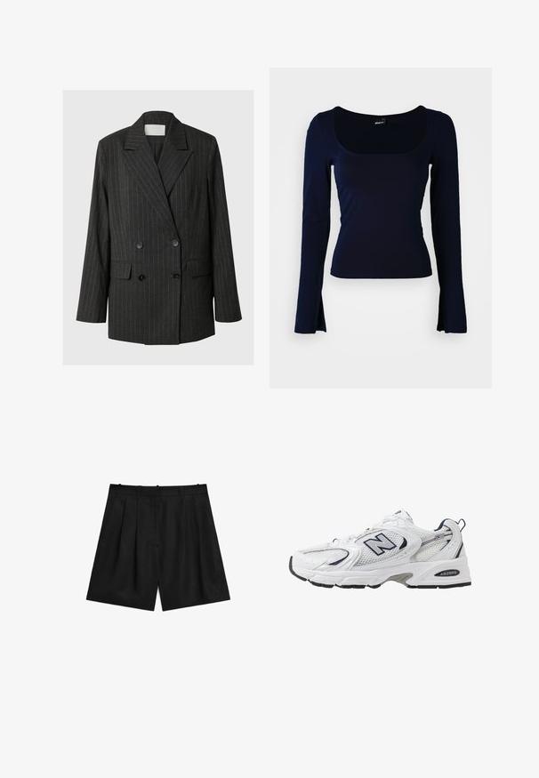 Dark gray double-breasted blazer with light gray pinstripes, textured fabric, notched collar, two front pockets, and black buttons.; Navy long-sleeve top with a square neckline, made from a smooth, stretchy fabric. Features fitted design and slightly flared sleeve ends.; Black tailored shorts made of a smooth, lightweight fabric. Features pleats, two side pockets, and a clean waistband design.; White athletic shoe with mesh upper, navy accents, and cushioned sole. Features "N" logo, laces, and textured detail on side.