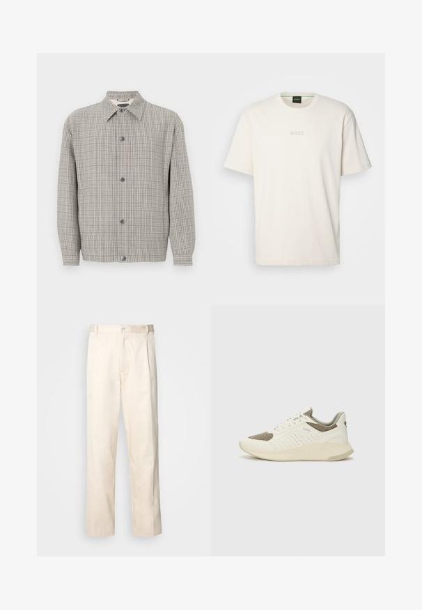 Giacca a scacchi grigia realizzata in tessuto testurizzato, con collo, chiusura frontale a bottoni e maniche lunghe.; BOSS TEE - T-shirt basic - open white; Pantaloni in cotone beige con taglio dritto, dotati di chiusura a bottone e pence sul davanti per un tocco di dettaglio in più.; Sneaker atletica bianca e beige chiaro, con tomaia in mesh, dettagli perforati e una suola intermedia texturizzata con marchio sul tallone.