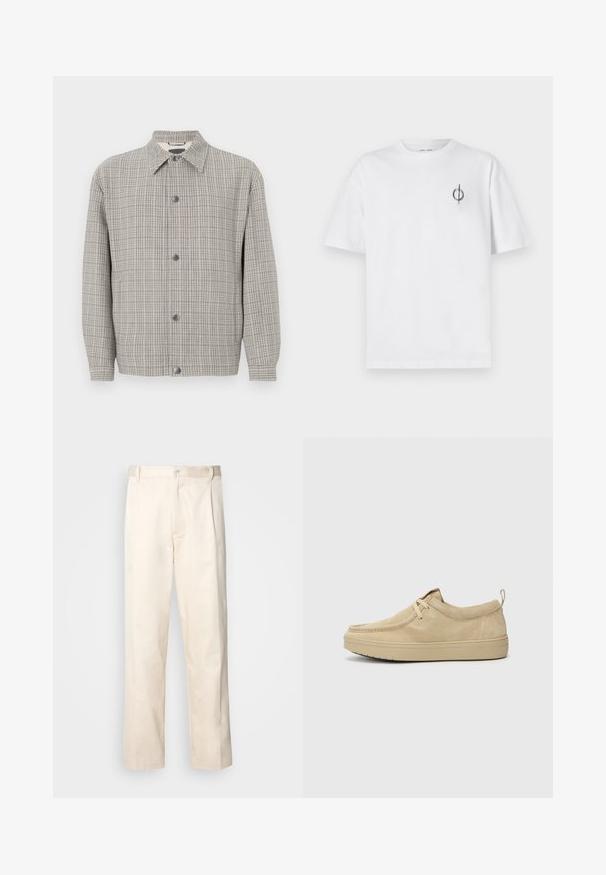 Casaco cinza xadrez feito de um tecido texturizado, apresentando um colarinho, fecho à frente com botões e mangas longas.; Camisa de algodão branca com um corte relaxado, apresentando um pequeno logótipo gráfico preto na área do peito esquerdo. Mangas curtas, estilo de gola redonda.; Calças de algodão bege com corte reto, apresentando um fecho de botão e pregas na frente para um detalhe adicional.; Sapatos slip-on em camurça bege com ponta arredondada, costura mínima e sola de borracha. Textura suave com um discreto detalhe da marca no calcanhar.