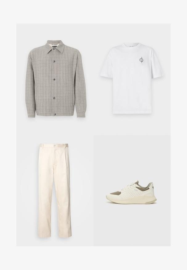Jachetă gri cu carouri, confecționată dintr-un material texturat, având guler, închidere frontală cu butoane și mâneci lungi.; Tricou alb din bumbac cu o croială lejeră, având un mic logo grafic negru în zona stângă a pieptului. Mâneci scurte, stil guler rotund.; Pantaloni din bumbac bej, cu croială dreaptă, dotati cu închidere cu nasture și pliuri în față pentru un plus de detaliu.; Tenis sportivi alb și bej deschis, cu un înveliș din plasă, detalii perforate și o talpă intermediară texturată, având marcaj pe călcâi.