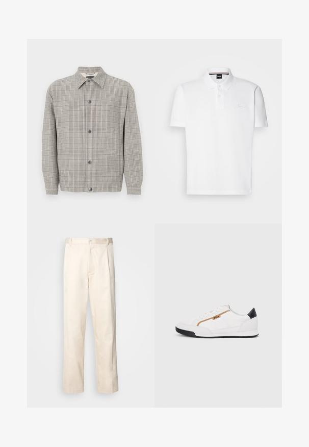 Pelēka raiba jaka, izgatavota no teksturēta auduma, ar apkakli, priekšējo pogu aizdari un garām piedurknēm.; Balts polo krekls, kas izgatavots no kokvilnas un poliestera maisījuma, ar apkakli, divu pogu aizdari un diskretu izšūtu logo uz krūtīm.; Bežā krāsā auduma bikses ar taisnu kāju griezumu, pievienotām pogu aizdares un priekšējiem krokām papildu detaļām.; Baltijas krāsā baltas sporta kurpes ar acu un ādas akcentiem. Iezīmējas ar zelta "BOSS" logo, teksturētām sānu paneļiem un melnu papēža kapu. Gumijas zole.