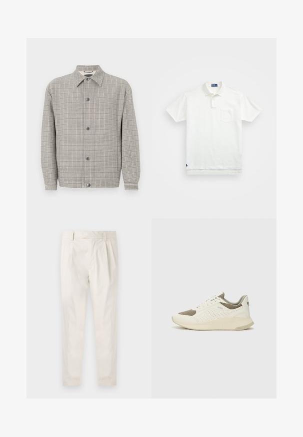 Grå rutigt jacka i texturerad tyg, med krage, framknäppning och långa ärmar.; Vit polo skjorta i bomull med en klassisk krage, treknapps placket och en bröstficka på vänster sida; liten logga vid fållen.; Vita, plisserade byxor med skräddarsydd passform, med en mjuk yta, bälteshängare och avsmalnande ben. Inga synliga fickor eller mönster.; Vit och ljusbeige atletisk sneaker med ett meshöverdrag, perforerade detaljer och en texturerad mellansula med varumärke på hälen.