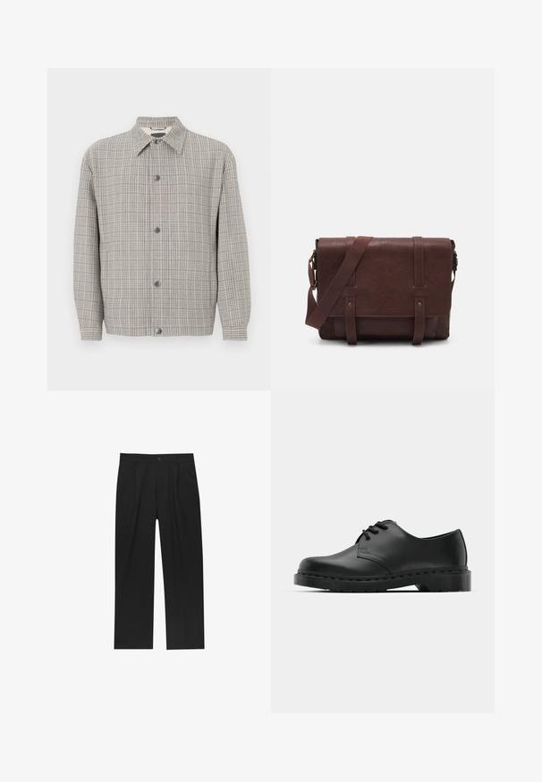 Szary marynarka w kratę z teksturowanej tkaniny, z kołnierzem, zapięciem na guziki z przodu i długimi rękawami.; Podwójny zestaw białych koszulek z krótkim rękawem, okrągłymi dekoltami i gładką teksturą przypominającą bawełnę. Prosty design bez widocznych wzorów.; Czarne spodnie o prostym kroju, wykonane z gładkiego materiału. Posiadają zakładki z przodu i pojedyncze zapięcie na guziki w pasie.; Czarne skórzane półbuty oxford z zapięciem na sznurowadła, zaokrąglonym noskiem, płaską gumową podeszwą oraz subtelnym przeszyciem na cholewce.; Brązowa skórzana torba na ramię z płaskim klapem z przodu, dwoma paskami, złotymi akcentami oraz regulowanym paskiem na ramię.