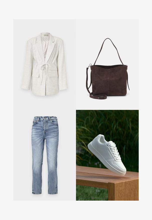Light gray blazer made of textured fabric, featuring long sleeves, a tie waist, two front pockets, and a button closure.; Two cotton crop tops in white and black. Each has a deep neckline and thin shoulder straps, featuring a smooth, soft texture.; Light blue denim jeans with a straight fit, high waist, faded texture, and five pockets. Features metal button and zipper closure.; White sneaker with a smooth synthetic upper, perforated toe box, flat laces, and a textured sole, displayed on a wooden surface.; Brown suede tote bag with a soft texture, featuring a single shoulder strap and a subtle curved top opening. No visible hardware details.