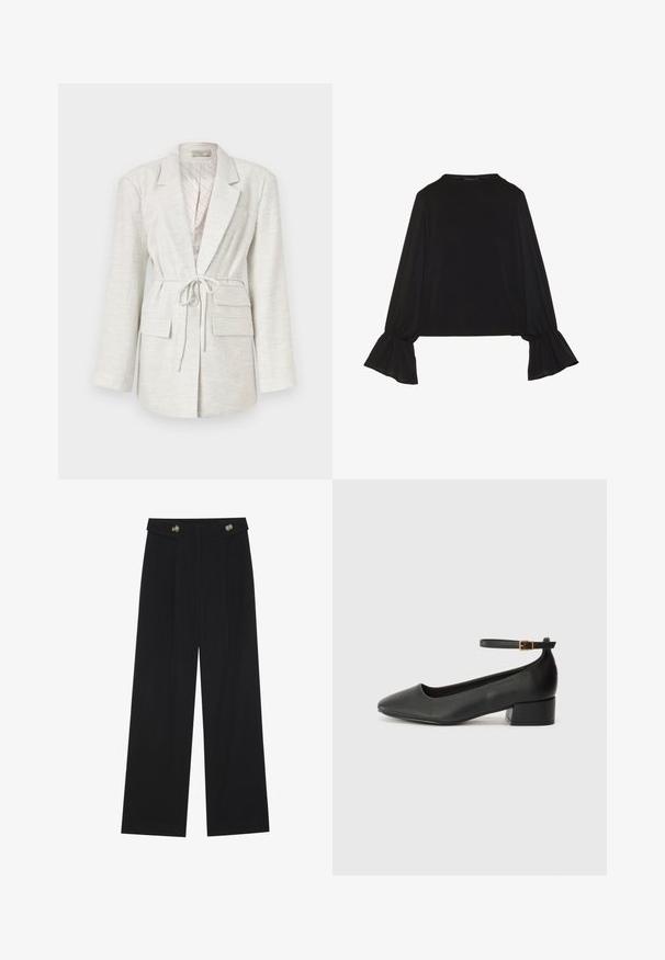Hellgrauer Blazer aus strukturiertem Stoff, mit langen Ärmeln, einem Bindegürtel in der Taille, zwei frontalen Taschen und einem Knopfverschluss.; Schwarz langärmliges Oberteil mit ausgestellt geschnittenen Bündchen, weicher Textur und entspannter Passform, mit einem schlichten runden Halsausschnitt.; Schwarze weite Hosen mit hoher Taille, Knopfdetails am Bund und vorderen Falten.; Schwarze Lederpumps mit spitzem Zehenbereich und niedrigem Blockabsatz. Mit einem Knöchelriemen und einer goldfarbenen Schnalle. Glatte Textur.