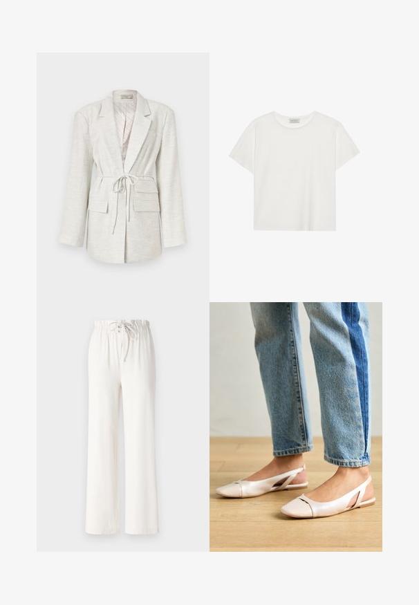 Lichtgrijze blazer van gestructureerde stof, met lange mouwen, een strikceintuur, twee voorzakken en een knoopsluiting.; Witte T-shirt met korte mouwen, gemaakt van zachte katoen. Heeft een ronde halslijn en een relaxte pasvorm. Schoon ontwerp zonder zichtbare patronen of accenten.; Witte wijde broek van zacht materiaal, met een tailleband met trekkoord en een gladde textuur. Geen patronen of versieringen zichtbaar.; Zachtroze slingback ballerina's met een spitse neus, gemaakt van een glad leerachtig materiaal. Bevat uitsnijdingen aan de zijkanten en heeft een platte hak.