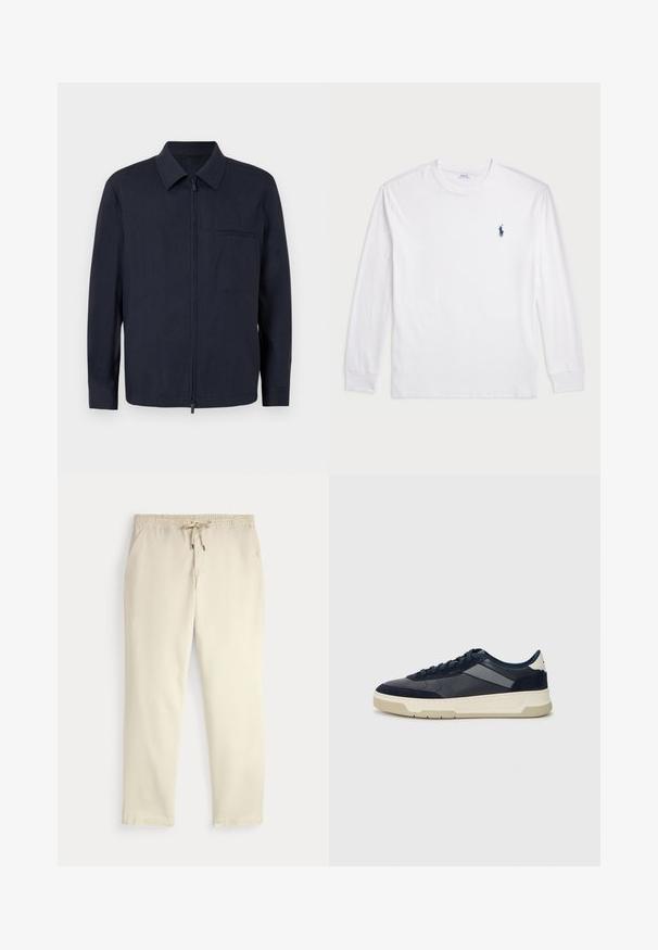 Tamsiai mėlynas švarkas, pagamintas iš lengvos medžiagos, su priekiniais užtrauktukais, apykakle ir krūtine kišene. Ilgos rankovės su mygtukais likučiais.; Balta ilgomis rankovėmis marškinėliai iš medvilnės. Gali būti apvalios formos kaklas, raukšlės ant rankovių, ir nedidelis tamsiai mėlynas polo logotipas kairėje krūtinės pusėje.; Oficialiai balti kasdieniniai kelnės su elastiniu juosmeniu ir raišteliu, tiesiomis kojomis ir šoninėmis kišenėmis prieš paprastą foną.; BOSS BALTIMORE - Sportbačiai - open blue