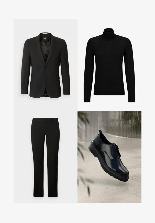 Μαύρη κομμένη σακα kel με σχέδιο μονής κουμπότρυπας, δύο κουμπιά, με άνοιγμα στις πέτες και δύο μπροστινές τσέπες. Λείο εσωτερικό φόδρας και μίνιμαλ λεπτομέρειες.; Μαύρο πουλόβερ σταυρωτό λαιμό, φτιαγμένο από μαλακό υλικό, με μακριά μανίκια και εφαρμοστή γραμμή. Ριγωτή λεπτομέρεια στο τελείωμα και στους καρπούς. Απλός σχεδιασμός.; Μαύρο παντελόνι με προσαρμοσμένη εφαρμογή, που διαθέτει μαλακή υφή και ίσια γραμμή. Η ζώνη έχει θηλιές για ζώνη και καθαρή τελείωση.; Μαύρο δερμάτινο παπούτσι με γυαλιστερή φινέτσα, στρογγυλή μύτη, σχέδιο με κορδόνια, αντίθετη ραφή και παχιά καπάκια από καουτσούκ με σχέδια πρόσφυσης.