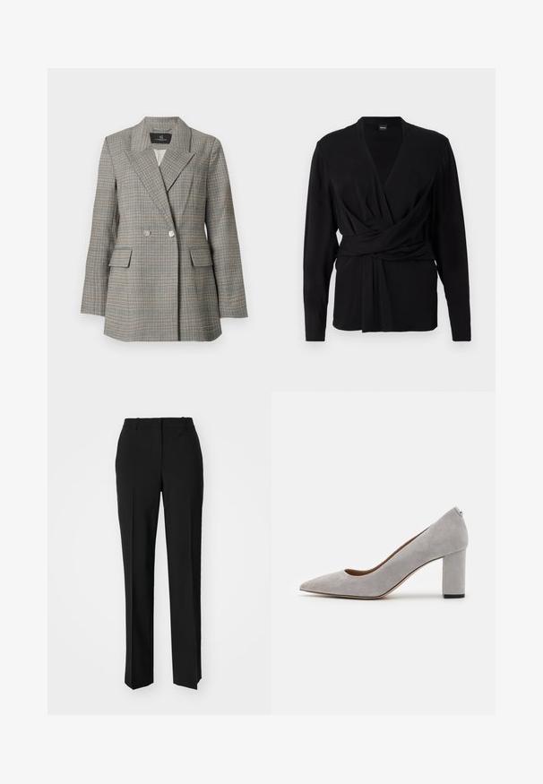Szary marynarka w kratę z podwójnym zapięciem, dużymi klapami, dwiema przednimi kieszeniami i srebrnymi guzikami. Teksturowana tkanina o dopasowanym kroju.; Czarna bluzka kopertowa z miękkiego materiału, z długimi rękawami, dekoltem w serek i wiązanym paskiem podkreślającym talię. Gładka tekstura.; Czarne spodnie o dopasowanym kroju z prostymi nogawkami, o gładkiej fakturze i wyraźnych zagięciach z przodu. Bez widocznych elementów metalowych.; Szare zamszowe czółenka z wąskim noskiem i grubym obcasem. Posiadają gładką fakturę oraz subtelny akcent obcasa dla stabilności.