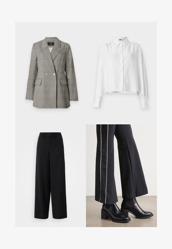 Szary marynarka w kratę z podwójnym zapięciem, dużymi klapami, dwiema przednimi kieszeniami i srebrnymi guzikami. Teksturowana tkanina o dopasowanym kroju.; Biała koszula z długim rękawem o luźnym kroju, z kołnierzykiem typu spread i lekko skróconym dołem. Gładki, lekki materiał.; Czarne spodnie szerokie o gładkim materiale, z prostym przodem, plisowanymi detalami i szlufkami na pasek w talii.; Czarne skórzane botki za kostkę na słupku, z elastycznymi panelami po bokach. Połączone z czarnymi spodniami z białym paskiem po boku.