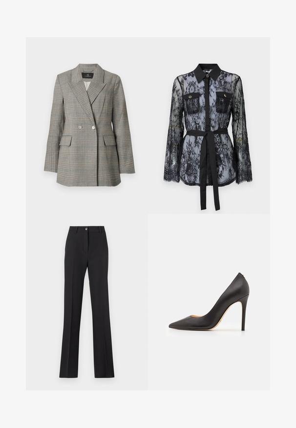 Grå rutig kavaj med dubbelknäppt front, stora slag, två framfickor och silverknappar. Texturerat tyg med en strukturerad passform.; Svart spetsblus med långa ärmar, knäppta bröstfickor, klassisk krage och ett tygbälte knutet i midjan. Transparent design.; Svarta skräddarsydda byxor med rak bendesign. Har knapplås, bältesöglor och en slät, matt textur.; Svart läder högklackad pumpsko med spetstipp och slät textur, med en smal klack och minimalistisk design.
