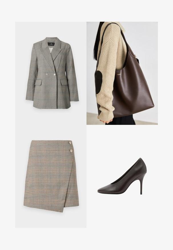 Blazer grigio a quadri con un frontale doppiopetto, ampie rever, due tasche anteriori e bottoni argentati. Tessuto testurizzato con una vestibilità strutturata.; Camicia nera con bottoni, motivo a quadri marroni, bianchi e grigi, maniche lunghe, colletto e taschino anteriore con design a quadri diagonali.; Maglietta grigia a maniche lunghe realizzata in un leggero cotone misto, con scollo rotondo e una texture semplice senza motivi o accenti.; Gonna avvolgente grigia a quadri con linee arancioni, marroni e crema. Caratterizzata da due grandi bottoni decorativi in vita e una finitura pulita.; Pump nera in pelle con punta appuntita e tacco stiletto sottile, con finitura liscia, mostrata di lato.; Borsa tote in pelle marrone con un design spazioso. Presenta una texture liscia e un logo dorato discreto. Abbinata a un maglione lavorato a maglia color crema.