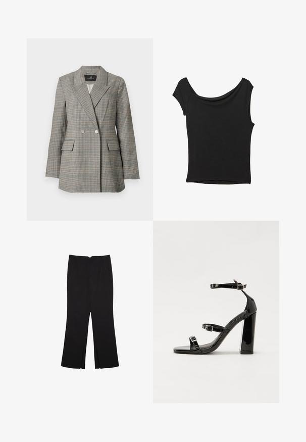 Sivý kostkovaný blazer s dvojradovým zapínaním, veľkými klopami, dvoma prednými vreckami a striebornými gombíkmi. Textúrovaná látka so štruktúrovaným strihom.; Čierny krátky rukáv top vyrobený z hladkej tkaniny; má prehnutý výstrih a asymetrický lem, s priliehavým telom.; Čierne nohavice so strihom rovného strihu, s prednými vreckami a bočnými rozparkami na leme. Vyrobené z mäkkej, hladkej tkaniny. Vhodné na rôzne príležitosti.; Čierne lakované sandále na podpätku so štvorcovou špičkou, navlečenými remienkami okolo členku a striebornými prackami. Disponujú masívnym blokovým podpätkom pre stabilitu.