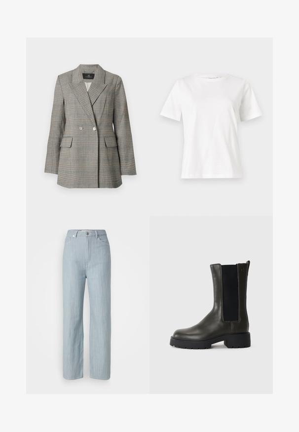 Blazer à carreaux gris avec un devant double boutonnage, de grands revers, deux poches avant et des boutons argentés. Tissu texturé avec une coupe structurée.; T-shirt en coton blanc à manches courtes, col rond et coupe décontractée. Texture lisse, sans motifs ni accents, design minimaliste.; Jean droit en denim bleu clair. Comprend cinq poches, une fermeture à bouton en métal et un léger délavage pour la texture.; Bottine en cuir vert avec des panneaux élastiques sur les côtés, bout arrondi et semelle en caoutchouc. Présente une finition texturée et un talon épais.