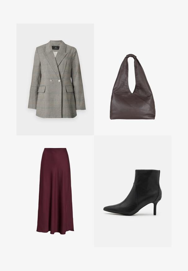 Grey plaid blazer with a double-breasted front, large lapels, two front pockets, and silver buttons. Textured fabric with a structured fit.; White short-sleeve t-shirt made of cotton with a round neckline and a relaxed fit. Smooth texture and no visible patterns or embellishments.; Burgundy satin maxi skirt with a smooth texture, high waist, and a flowing silhouette that flares out gently towards the hemline.; Anna Field Ankle boots - black; Brown leather bag with a slouchy, oversized design. Features a loop handle and a deep V-cut opening for easy access. Soft texture, minimalist style.