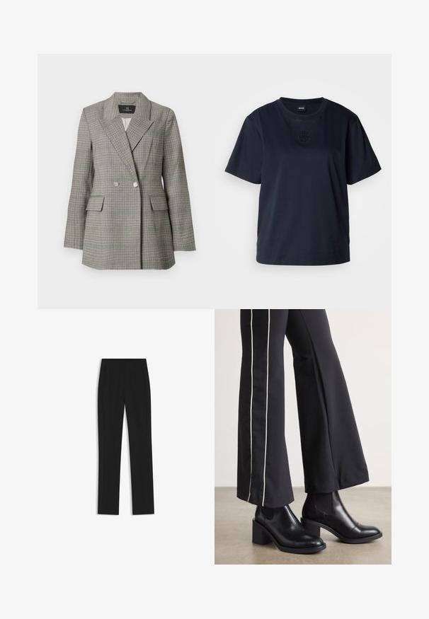 Grau kariertes Blazer mit doppelter Knopfleiste, großen Revers, zwei vorderen Taschen und silbernen Knöpfen. Texturiertes Material mit strukturierter Passform.; Marineblaues T-Shirt mit kurzen Ärmeln aus weicher Baumwolle. Hat einen runden Halsausschnitt und ein dezentes gesticktes Logo auf der Brust.; Schwarze maßgeschneiderte Hose mit geradem Bein, ausgestattet mit Fronttaschen und einem glatten, strukturierten Stoff. Saubere, minimale Details.; Schwarze Lederstiefeletten mit einem Blockabsatz, ausgestattet mit elastischen seitlichen Einsätzen. Kombiniert mit schwarzen Hosen, die einen weißen Seitenstreifen haben.