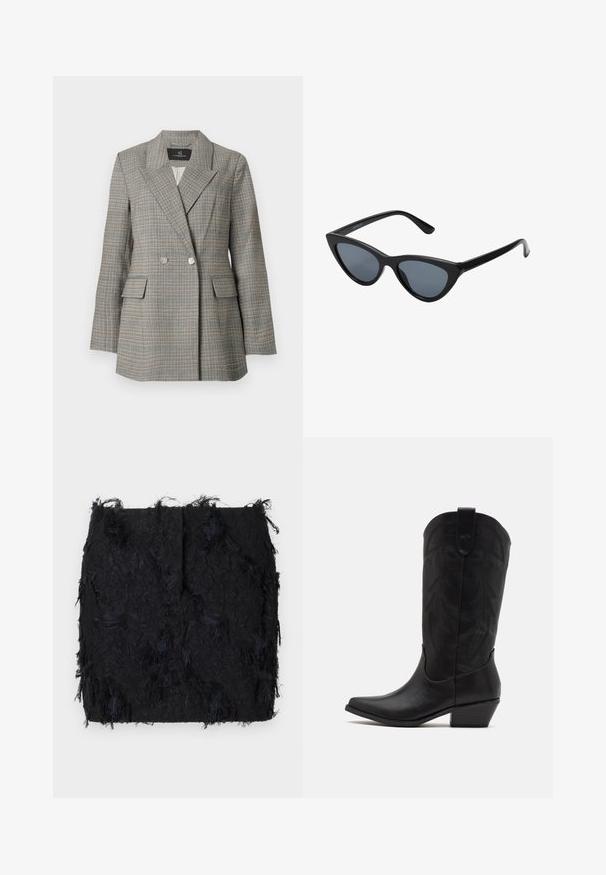 Grijs geruit blazer met een dubbel kort front, grote kleppen, twee zijzakken en zilveren knopen. Getextureerde stof met een gestructureerde pasvorm.; Twee mouwloze geribbelde coltruien in bruin en zwart, weergegeven op een effen witte achtergrond.; Zwarte textuurrok met een gelaagde franjes ontwerp en een licht onregelmatige zoom, gemaakt van een lichte stof.; Zwarte leren cowboylaars met spitse neus, lage gestapelde hak en een ingewikkeld geïmbossieerd bladerenpatroon op de schacht. Lus aan de bovenkant voor eenvoudig aantrekken.; Zwarte cat-eye zonnebril met donkergrijze lenzen, slank plastic frame, puntige hoeken en rechte pootjes. Geen zichtbare hardware of accenten.; Bordeaux leren handtas met een gebogen vorm, gouden accenten op het beslag en een ritssluiting. Voorzien van een afneembare schouderriem.
