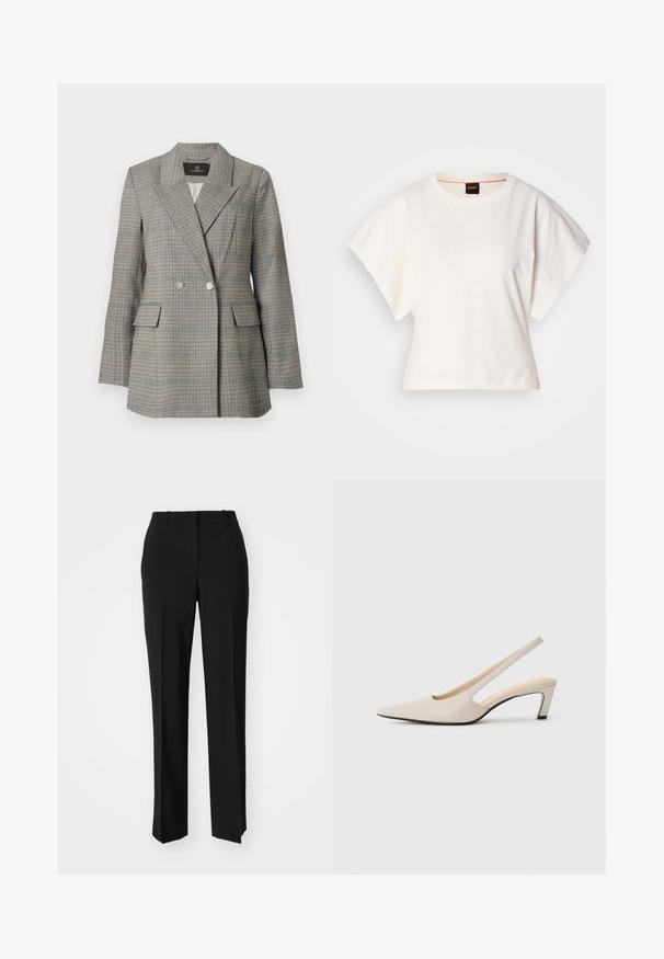Siv svetrovni blazer s dvojno zapenjanjem spredaj, velikimi reverji, dvema sprednjima žepoma in srebrnimi gumbi. Teksturirana tkanina s strukturiranim krojem.; Bela skrajšana majica s kratkimi širokimi rokavi, mehka bombažna tkanina, okrogla ovratnica z diskretnim oranžnim robom, minimalističen dizajn, brez vzorcev ali grafike.; Črne krojene hlače s direktnim krojem, ki se ponašajo z gladko teksturo in ostrimi pregibi spredaj. Ni vidne kovine.; Bež usnjene čevlje s koničastim nosom in odprtim petnim delom, ki se ponašajo z izrezljanim oblikovanjem, 5 cm blok peto in gladko teksturo. Črni podplat akcenti.