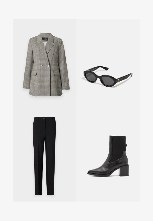 Grey plaid blazer with a double-breasted front, large lapels, two front pockets, and silver buttons. Textured fabric with a structured fit.; Leopard print long-sleeve top with a high neckline, made of stretchy fabric. Features a tan base with brown spots. Smooth texture, fitted design.; Black tailored trousers with a straight leg design, featuring a button fastening and belt loops, made from smooth fabric.; Black ankle boot with a pointed toe, made of smooth leather and elastic fabric. Features a block heel and minimalist design.; Black oval sunglasses with dark lenses and glossy plastic frame. Features gold logo on the temple, offering a sleek and modern design.