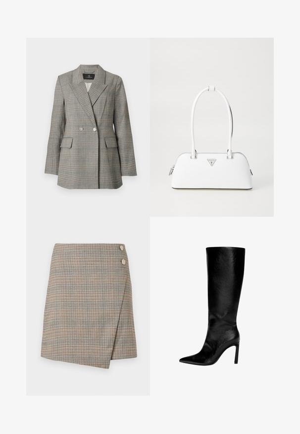 Sivý kostkovaný blazer s dvojradovým zapínaním, veľkými klopami, dvoma prednými vreckami a striebornými gombíkmi. Textúrovaná látka so štruktúrovaným strihom.; JJXX JXGIGI BODY 2 PACK - Top s dlhým rukávom - black; Sivá kockovaná sukňa s oranžovými, hnedými a krémovými pruhmi. Obsahuje dva veľké gombíkové akcenty na páse a čistý dokončovací proces.; Čierna kožená čižma po kolená s špicatou špičkou, vysokým ihlovým podpätkom, hladkým povrchom a jednoduchým, elegantným dizajnom bez ozdôb.; Biely kožený kabelka s oblým tvarom, so strieborným trojuholníkovým logom a zipsovým uzáverom. Hladký povrch a dvojité uši.