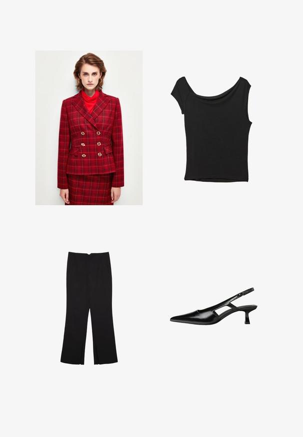 Punainen ruudullinen kaksirivinen bleiseri, jossa on kultaiset nappikoristeet, viilto-olkasaumat ja taskut; päälle puettuna punainen poolopaita.; Musta lyhythihainen paita, joka on valmistettu sileästä kankaasta; siinä on laskeutuva kaula-aukko ja epäsymmetrinen helma, sekä istuva malli.; Mustat housut suoralinjaisella leikkauksella, joissa on etutaskut ja sivurei'ät helman alla. Valmistettu pehmeästä ja sileästä kankaasta. Sopii eri tilaisuuksiin.; Mustat lakatut nahkakengät, joissa on viistopää, leikattu sivusuunnassa ja pieni neliökoroke. Sujuva pinta, jossa on minimaalinen koristelu.