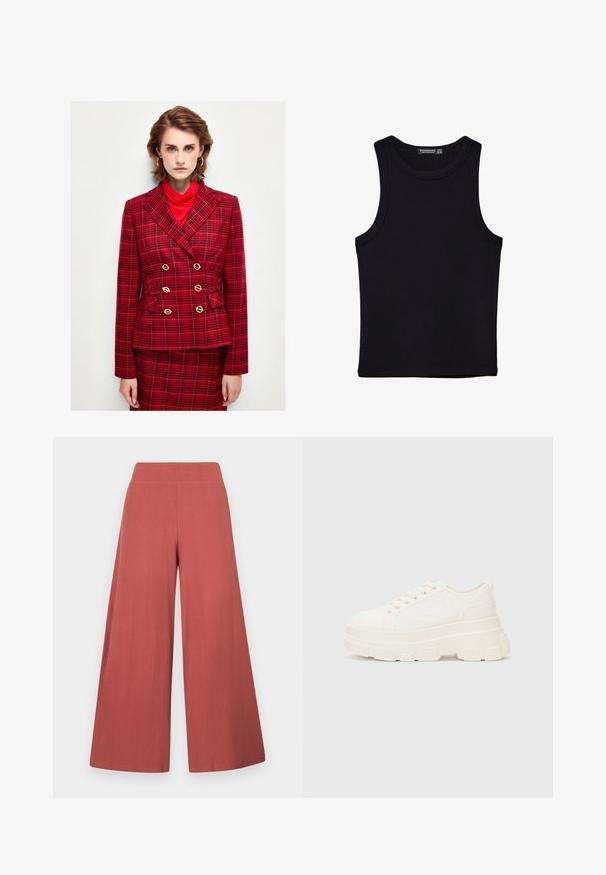 Punainen ruudullinen kaksirivinen bleiseri, jossa on kultaiset nappikoristeet, viilto-olkasaumat ja taskut; päälle puettuna punainen poolopaita.; Musta hihaton paita, joka on valmistettu puuvillasta, ja jossa on pyöreä kaula-aukko sekä leveät kainaloaukot. Silkkinen pinta ja ommellut reunat. Klassinen, minimalistinen muotoilu.; Leveälahkeiset housut ruosteen värisinä, valmistettu teksturoidusta kankaasta, jossa pystysuoraa uritusta. Varustettu korkealla, joustavalla vyötäröllä.; Valkoinen kangaskenkä paksulla pohjalla, pyöreällä kärjellä ja viidellä nauhakuutiolla. Takareunan vipu helpottaa pukemista. Sileä pinta, minimalistinen muotoilu.