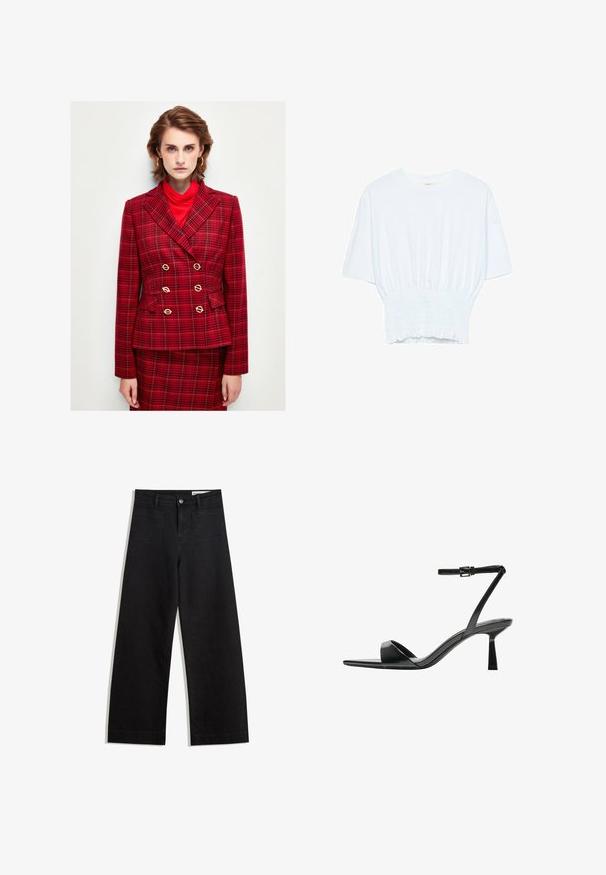 Czerwony w kratkę podwójnie zapięty żakiet z złotymi guzikami, wyciętymi klapami i kieszeniami; noszony na czerwonym golfie.; Biała koszulka z krótkim rękawem o luźnym kroju i marszczonym wykończeniu w talii. Wykonana z miękkiego, lekkiego materiału.; Czarne dżinsowe spodnie o szerokich nogawkach i wysokim stanie, z przednimi i tylnymi kieszeniami, przeszyciami oraz zapięciem na guziki. Gładka struktura.; Bershka - Sandały na obcasie