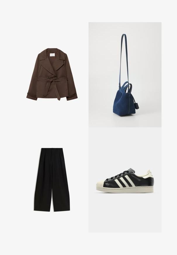 Brun bomuldsblandingsjakke med dobbeltbrystet forside, brede klapper, sidelommer og bælte. Glat tekstur og skræddersyet pasform.; Bershka ROUND NECK - Striktrøje - black; Sorte bredbenede bukser lavet af glat stof, med høj talje, læg foran, og uden synlige dekorationer eller mønstre.; Sort lædersneakers med hvide striber, gummitåkap, sorte snørebånd og en cremefarvet ydersål. Glat tekstur med blank overflade.; Marineblå håndtaske i suede med en struktureret form, dobbelte hanke og en lang, justerbar rem. Har kontrasterende syninger og et side-tag.