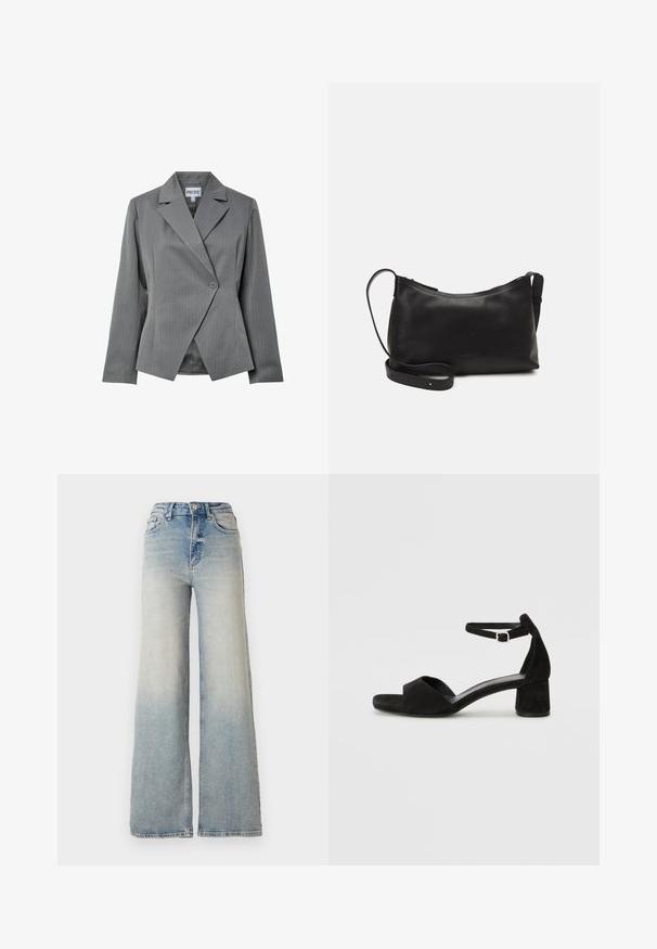 Harmaa raidoitettu bleiseri, jossa on kaksinkertainen etu, terävät liepeet ja yksinäinen nappisuljenta. Siinä on pitkät hihat ja se on muotoiltu istuvaksi.; Vaaleansiniset raidalliset puserot, joissa on cap-sleeve-hihat, suunniteltu solmimaan kaula-aukon kohdalla, jossa on teksturoitu kangas ja rento istuvuus.; Vaaleansiniset leveälahkeiset farkut, joissa on korkea vyötärö, viisi taskua ja näkyvät ompeleet saumoissa.; Mustat mokkasaappaat, joissa on ohut nilkkaremmi, avoin varvasmuotoilu ja hillitty loivakulmainen korko. Sileä pinta ja vähäiset yksityiskohdat.; Musta nahkainen olkalaukku, jossa on sileä pinta, kaareva muoto, säädettävä hihna ja vetoketjukiinnitys. Minimalistinen muotoilu ilman koristeita.