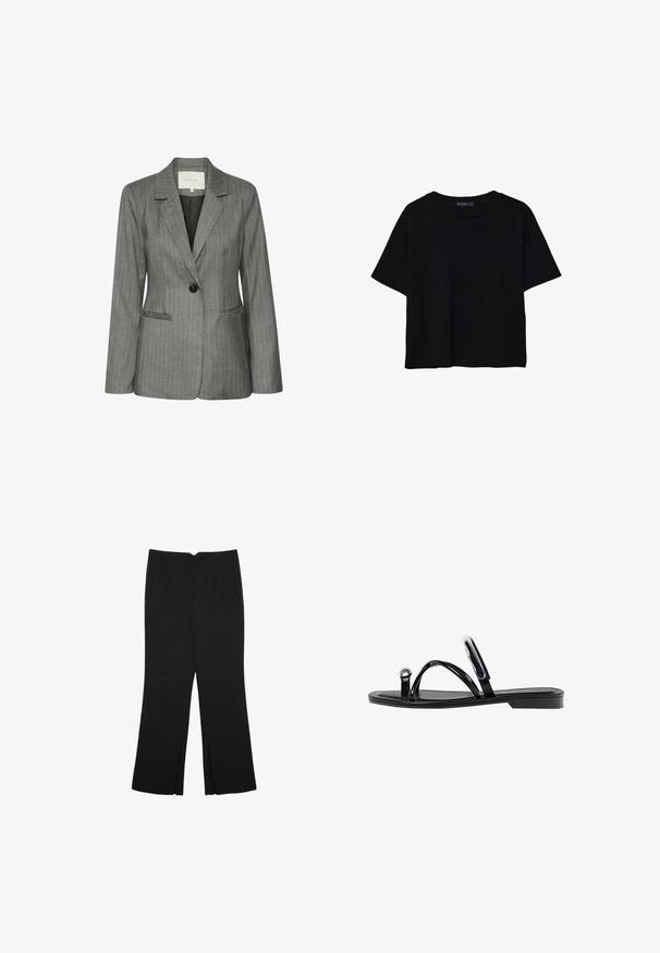 Sivý prúžkovaný blazer s klopovým golierom, jedným gombíkom, prednými vreckami a hladkou textúrou. Vnútorné podšívka je v tmavej farbe.; Čierne tričko s krátkym rukávom vyrobené z bavlny. Má okrúhly výstrih a voľný strih s hladkou, jednofarebnou textúrou. Žiadne viditeľné vzory ani akcenty.; Čierne nohavice so strihom rovného strihu, s prednými vreckami a bočnými rozparkami na leme. Vyrobené z mäkkej, hladkej tkaniny. Vhodné na rôzne príležitosti.; Čierne ploché sandále s lesklým povrchom, tromi tenkými popruhmi a okrúhlou kovovou ozdobou na prste. Elegantný dizajn s minimálnym podpätkom.