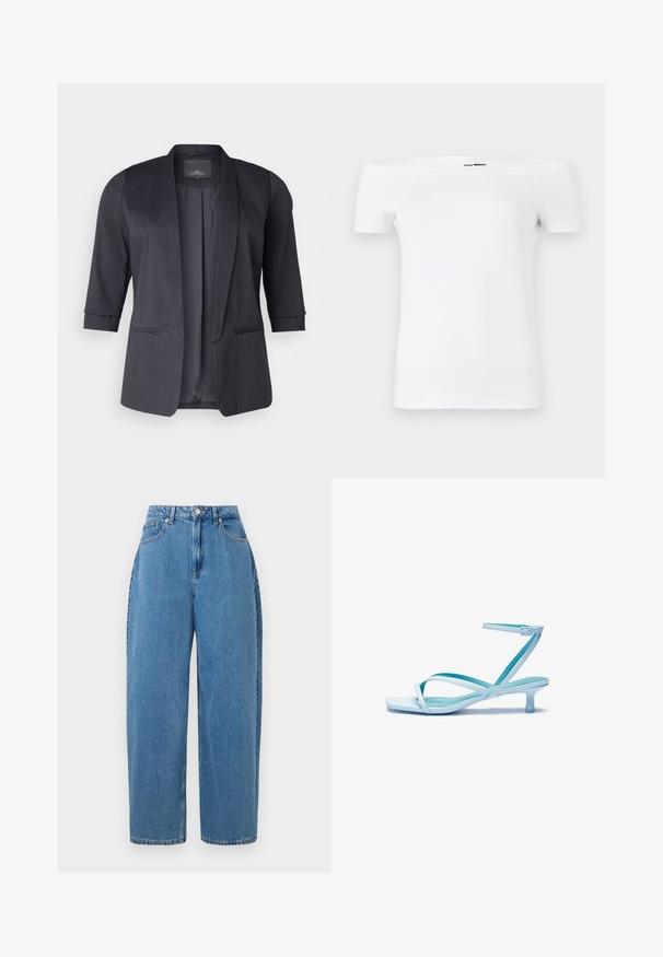 ONLY Carmakoma CARELLY 3/4 LIFE TLR NOOS - Blazer - dark grey melange; T-shirt branca off-the-shoulder com mangas curtas, feita de material de algodão suave, com um design ajustado e uma bainha inferior reta.; Calças de ganga azul claro com um corte de perna reta, cintura alta e fecho de botão na parte da frente. Apresenta cinco bolsos e detalhes de costura mínimos.; Sandal de tira azul claro com ponta quadrada, salto baixo, tira ajustável no tornozelo e acabamento liso e brilhante. Tiras cruzadas na palmilha.